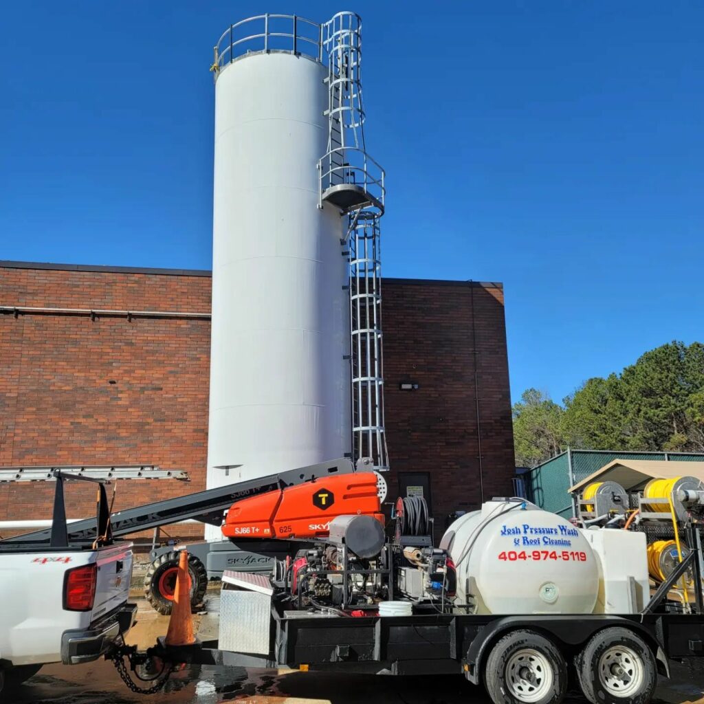 Industrial Pressure washing at a warehouse for buildings and silo in Suwanee, Georgia
