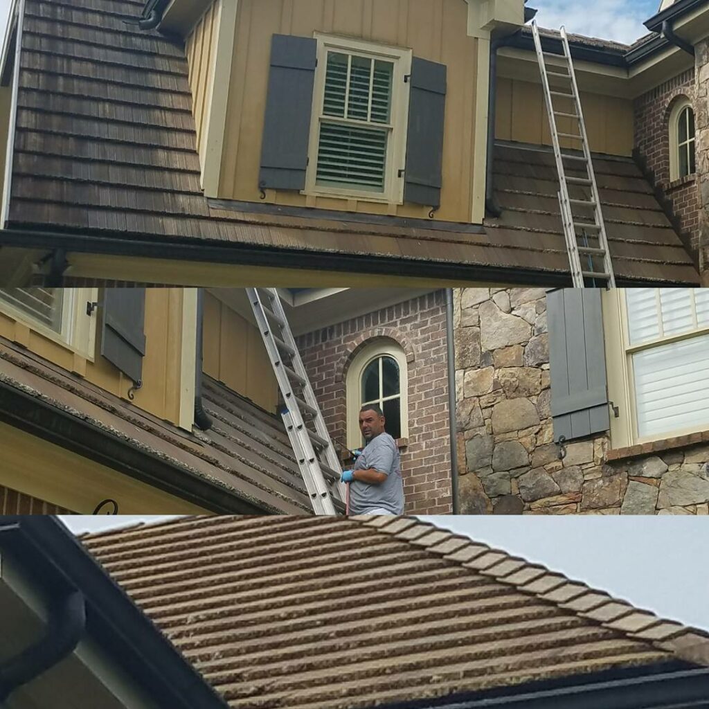 Roswell, GA: Soft wash roof cleaning for slate roof